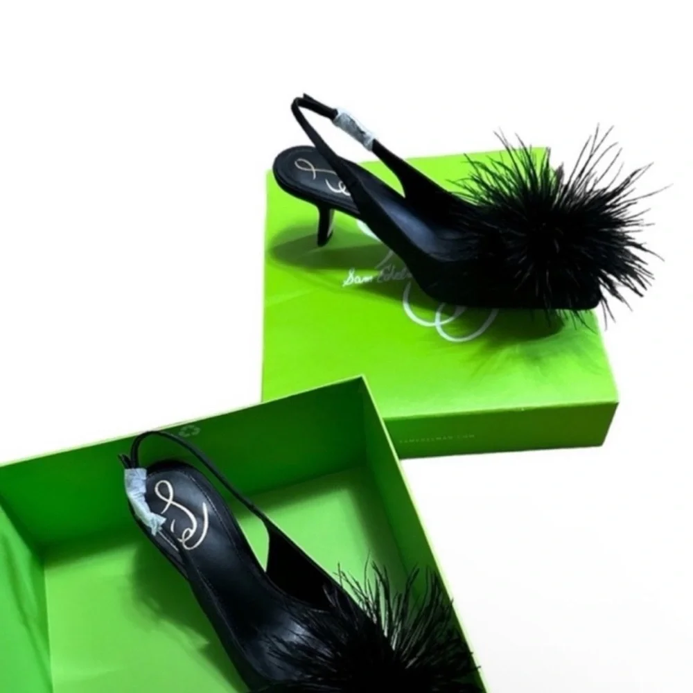 Sam Edelman Elegant Black Slingback Heels with Feather Detail - Picture 5 of 7